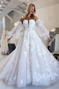 White 3D Floral Lace A-Line Strapless Wedding Dress Cathedral Train