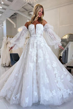 White 3D Floral Lace A-Line Strapless Wedding Dress Cathedral Train