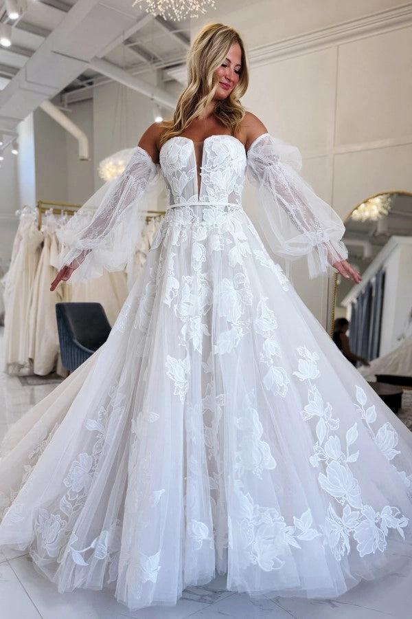 White 3D Floral Lace A-Line Strapless Wedding Dress Cathedral Train