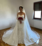 White A-line Lace Mermaid Wedding Gown with Detachable Sweep Train
