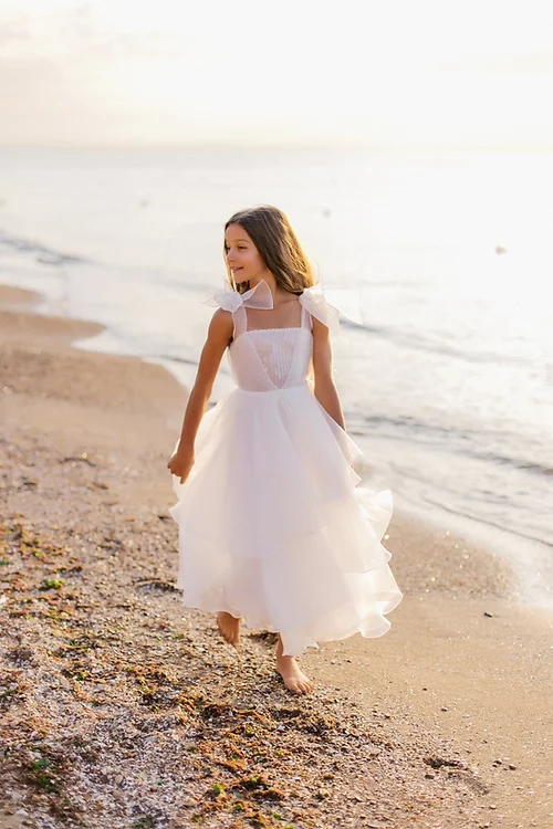 White A Line Sleeveless Flower Girl Dress With Pearl Embellishment Floor Length