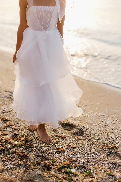 White A Line Sleeveless Flower Girl Dress With Pearl Embellishment Floor Length