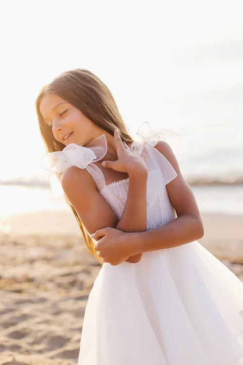 White A Line Sleeveless Flower Girl Dress With Pearl Embellishment Floor Length