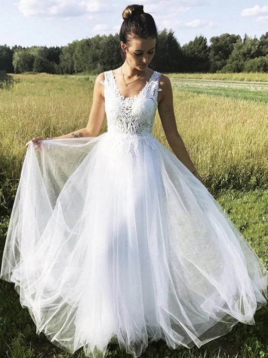 Weißes A-Linien-Abendkleid mit V-Ausschnitt und Tüll und Spitze