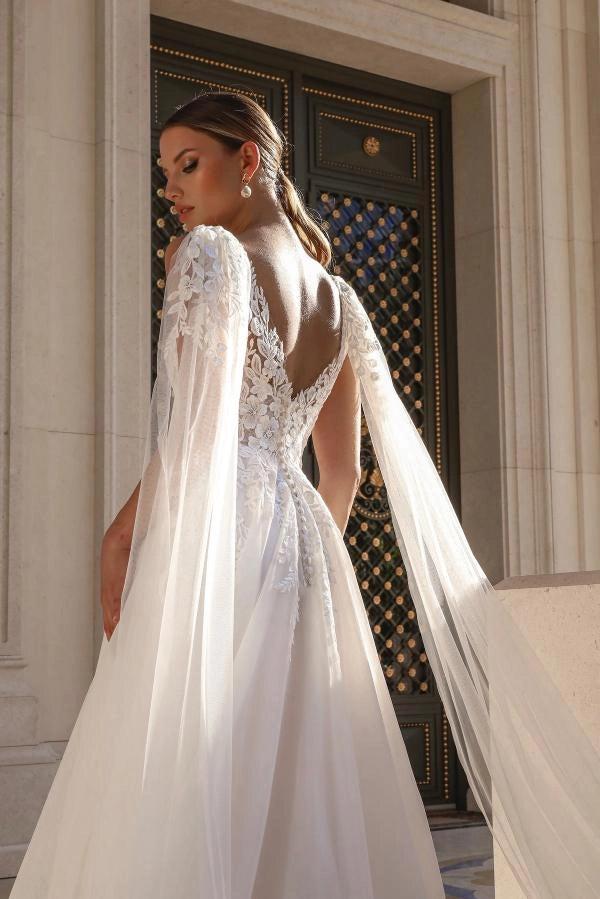 White A Line Wedding Dress With Deep V Plunge Illusion Corset Lace Embroidery