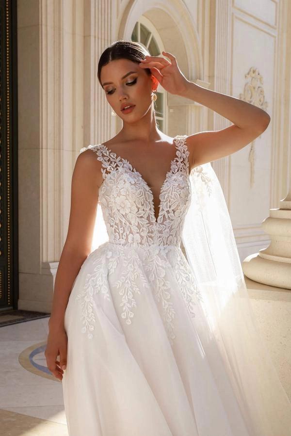 White A Line Wedding Dress With Deep V Plunge Illusion Corset Lace Embroidery