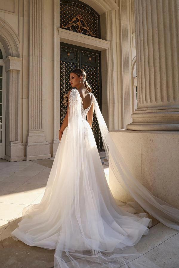 White A Line Wedding Dress With Deep V Plunge Illusion Corset Lace Embroidery