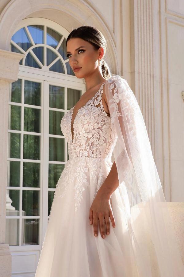 White A Line Wedding Dress With Deep V Plunge Illusion Corset Lace Embroidery