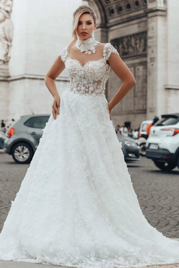 White A Line Wedding Dress Illusion High Neck Sweetheart Cap Sleeve 3D Floral Appliques
