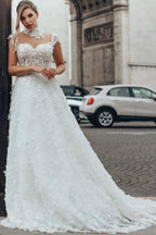 White A Line Wedding Dress Illusion High Neck Sweetheart Cap Sleeve 3D Floral Appliques
