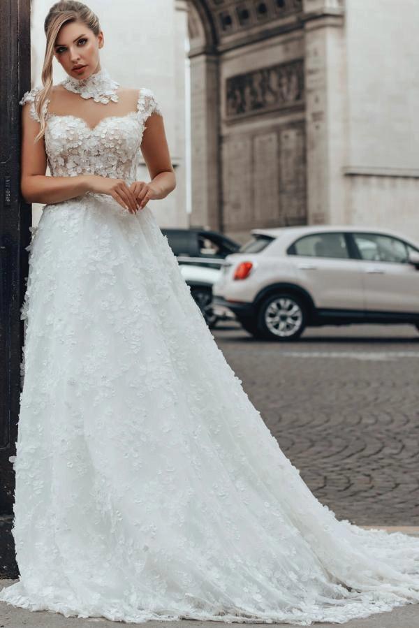 White A Line Wedding Dress Illusion High Neck Sweetheart Cap Sleeve 3D Floral Appliques