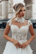 White A Line Wedding Dress Illusion High Neck Sweetheart Cap Sleeve 3D Floral Appliques