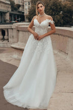 White A Line Wedding Dress Off Shoulder Sweetheart 3D Feather Floral Applique