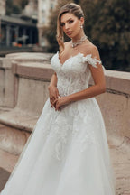 White A Line Wedding Dress Off Shoulder Sweetheart 3D Feather Floral Applique