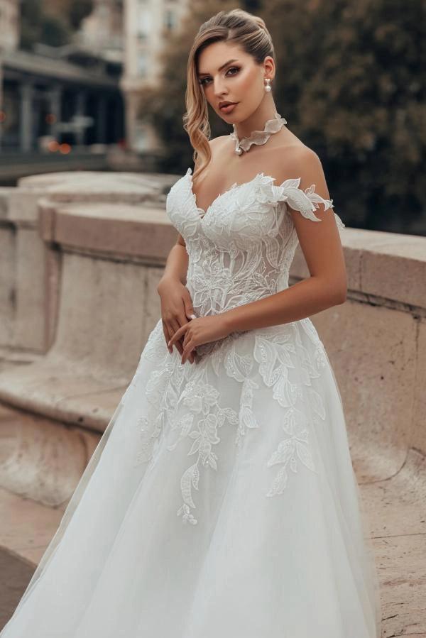 White A Line Wedding Dress Off Shoulder Sweetheart 3D Feather Floral Applique