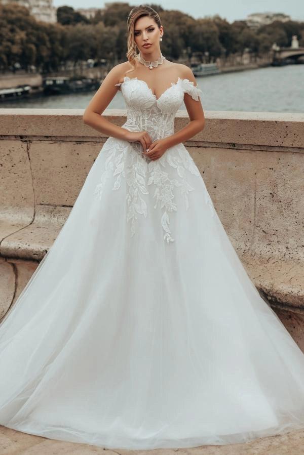 White A Line Wedding Dress Off Shoulder Sweetheart 3D Feather Floral Applique
