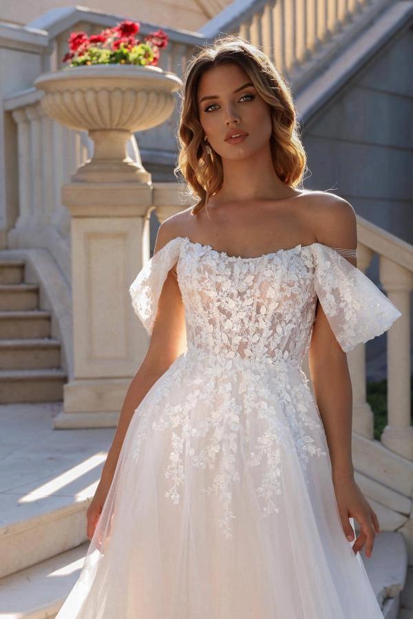 White A Line Off Shoulder Sweetheart Wedding Dress With Puff Sleeves Tulle