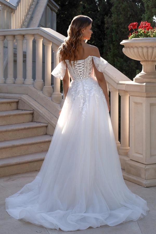 White A Line Off Shoulder Sweetheart Wedding Dress With Puff Sleeves Tulle