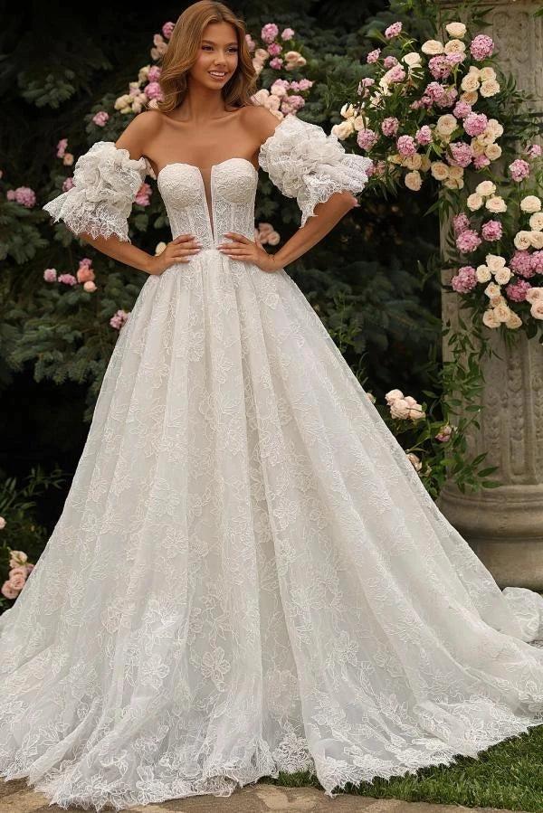 White Allover Vine Lace A Line Wedding Dress Off Shoulder Plunge Bodice