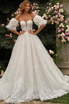 White Allover Vine Lace A Line Wedding Dress Off Shoulder Plunge Bodice