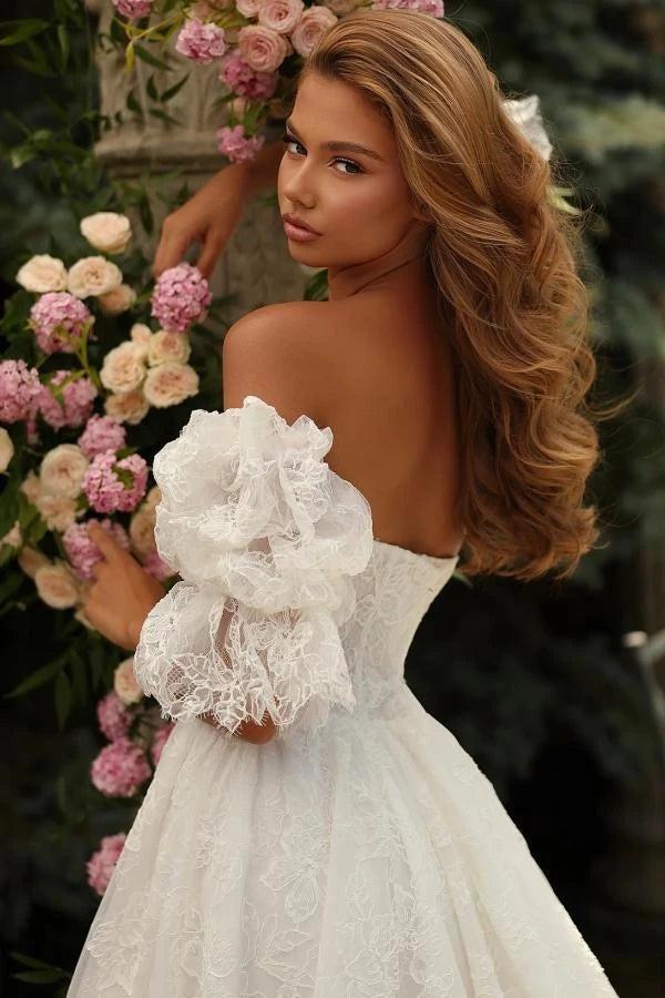 White Allover Vine Lace A Line Wedding Dress Off Shoulder Plunge Bodice
