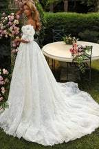 White Allover Vine Lace A Line Wedding Dress Off Shoulder Plunge Bodice