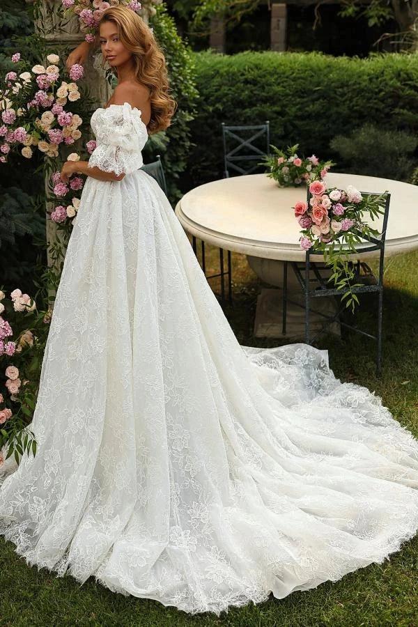 White Allover Vine Lace A Line Wedding Dress Off Shoulder Plunge Bodice