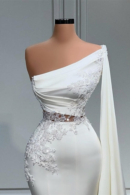Vestido de fiesta de satén elástico, estilo sirena, blanco, asimétrico y con un solo hombro