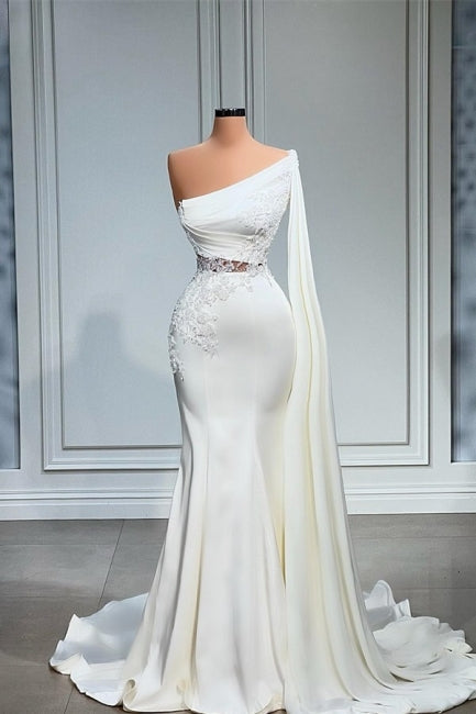 Vestido de fiesta de satén elástico, estilo sirena, blanco, asimétrico y con un solo hombro