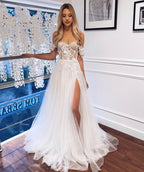 White Boho Long A Line Lace Off The Shoulder Wedding Dress with Slit