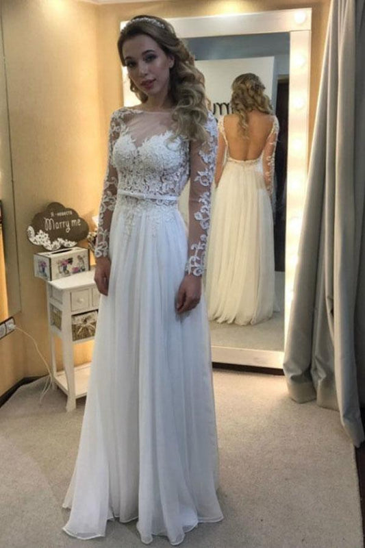 Elfenbeinfarbenes Chiffon-Brautkleid mit langen Ärmeln und rückenfreiem