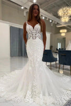 White Lace Mermaid Wedding Dress V Neck Floral Spaghetti Straps Illusion Bodice