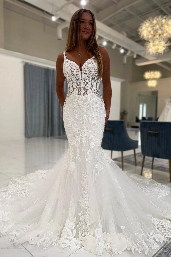 White Lace Mermaid Wedding Dress V Neck Floral Spaghetti Straps Illusion Bodice