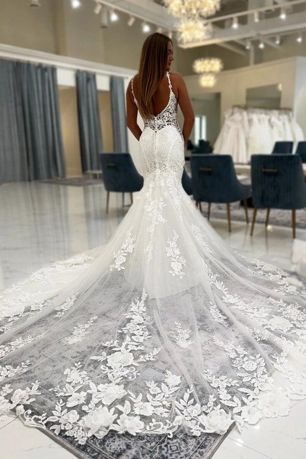 White Lace Mermaid Wedding Dress V Neck Floral Spaghetti Straps Illusion Bodice