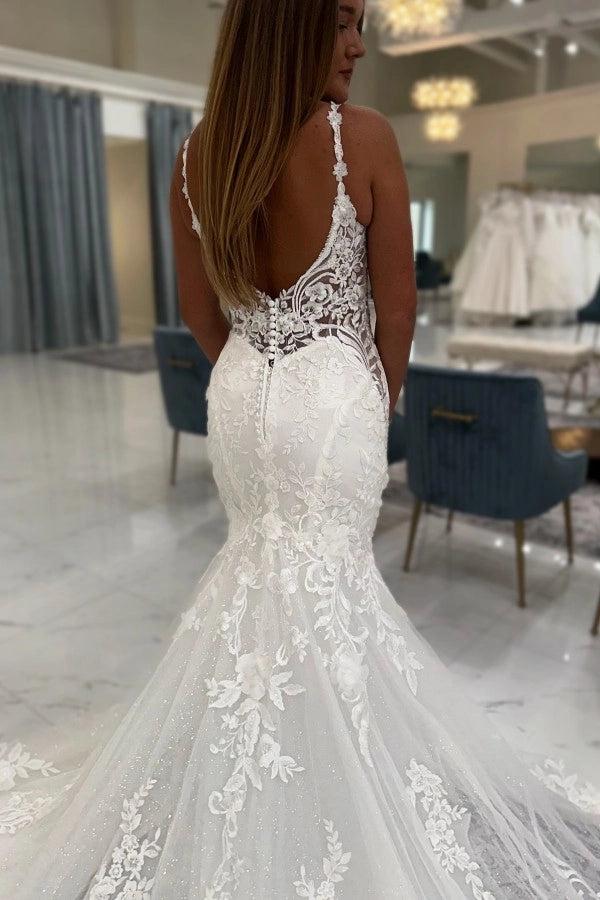 White Lace Mermaid Wedding Dress V Neck Floral Spaghetti Straps Illusion Bodice