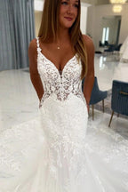 White Lace Mermaid Wedding Dress V Neck Floral Spaghetti Straps Illusion Bodice