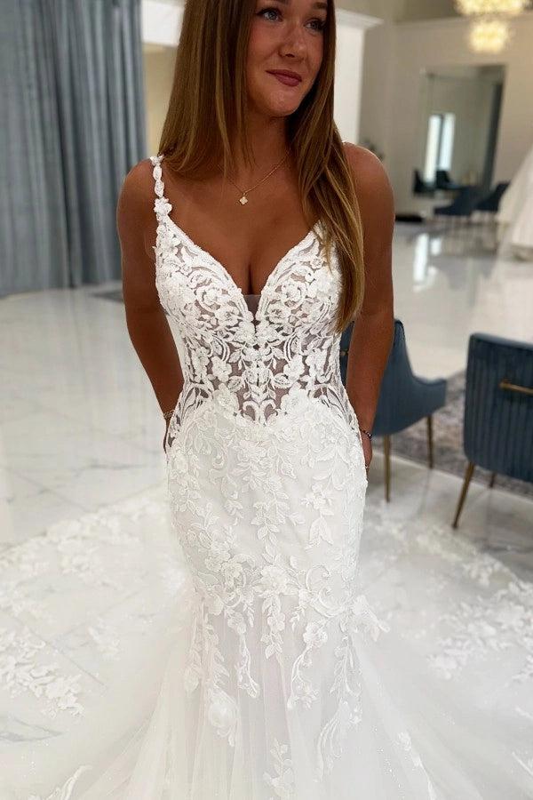 White Lace Mermaid Wedding Dress V Neck Floral Spaghetti Straps Illusion Bodice