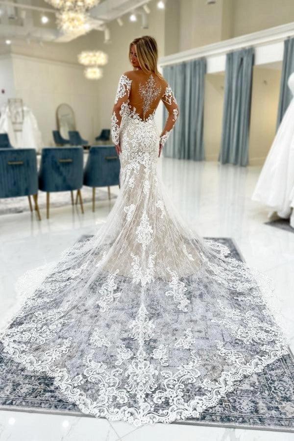 Lace Mermaid Wedding Dress Illusion Off Shoulder V Neck Open Back Cathedral