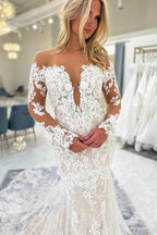 Lace Mermaid Wedding Dress Illusion Off Shoulder V Neck Open Back Cathedral