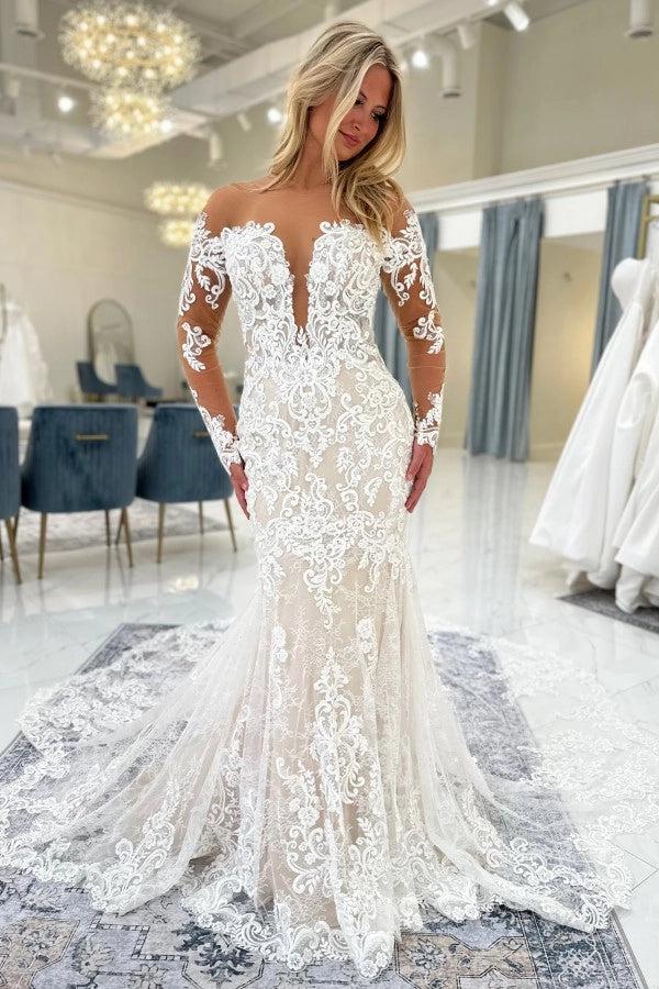 Lace Mermaid Wedding Dress Illusion Off Shoulder V Neck Open Back Cathedral