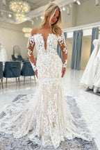 Lace Mermaid Wedding Dress Illusion Off Shoulder V Neck Open Back Cathedral