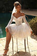 White Lace Mini Wedding Dress Off The Shoulder Sweetheart Bodice With Scallop Hem
