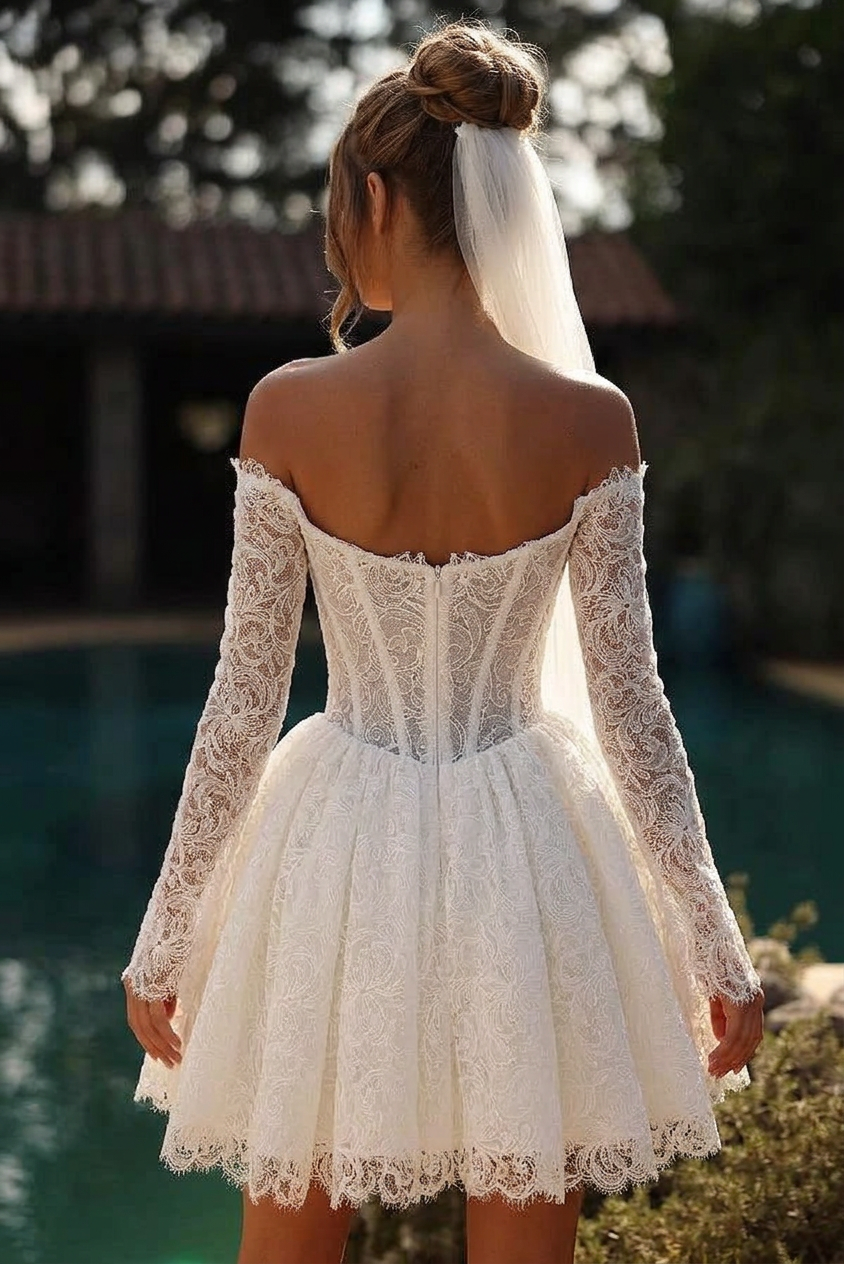 White Lace Mini Wedding Dress Off The Shoulder Sweetheart Bodice With Scallop Hem