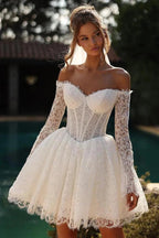 White Lace Mini Wedding Dress Off The Shoulder Sweetheart Bodice With Scallop Hem