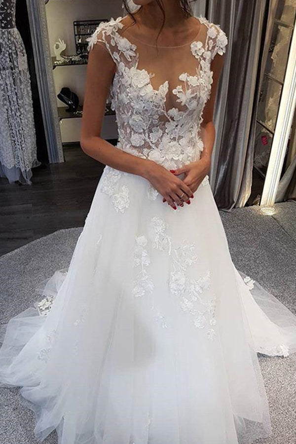 White Long A-line Tulle Lace Appiliques Wedding Dresses