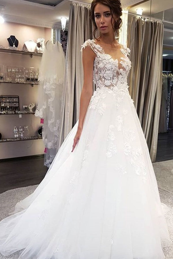 White Long A-line Tulle Lace Appiliques Wedding Dresses