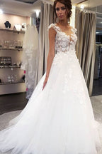 White Long A-line Tulle Lace Appiliques Wedding Dresses