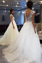 White Long A-line Tulle Lace Appiliques Wedding Dresses