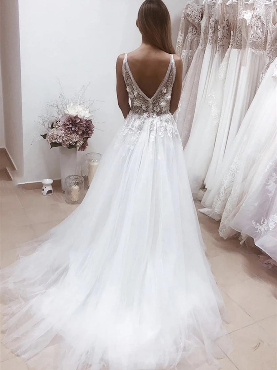 White Long A-line V Neck Backless Lace Appliques Wedding Dresses