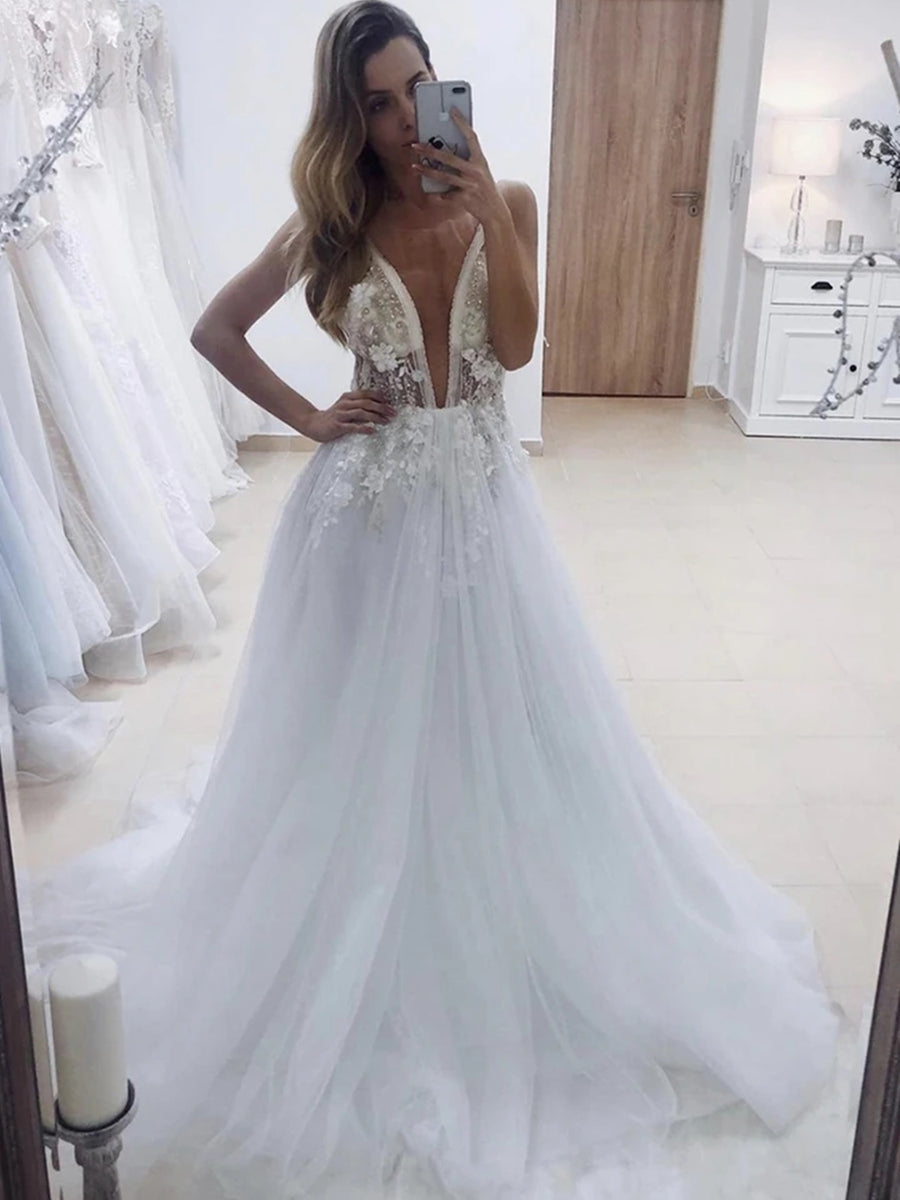White Long A-line V Neck Backless Lace Appliques Wedding Dresses